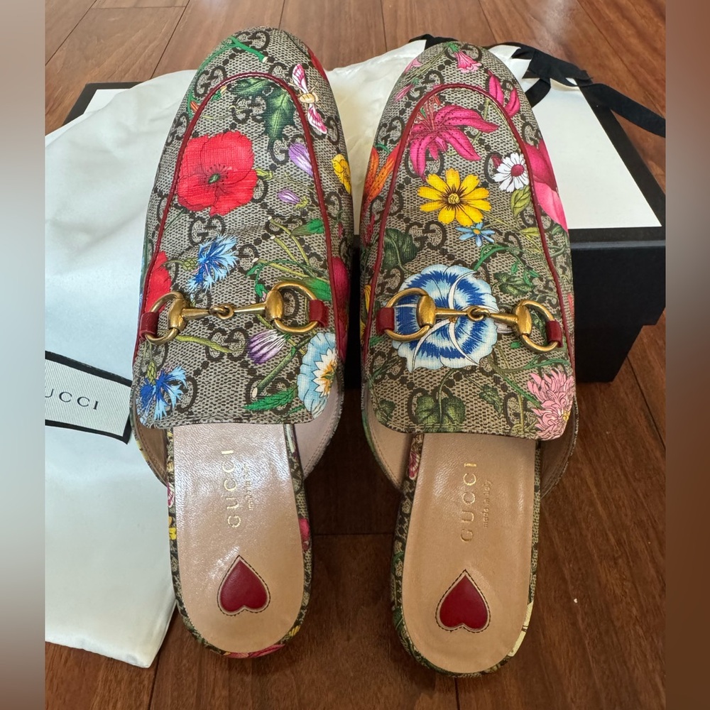 GUCCI Princetown Floral GG Flat Slip Mule